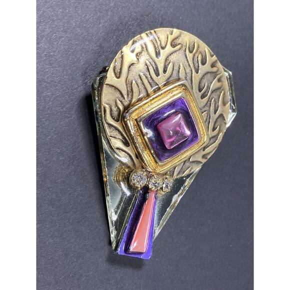 Vintage Artisanal Mirror Glass Rhinestone Brooch Pin Signed CR ‘93 - Picture 2 of 9